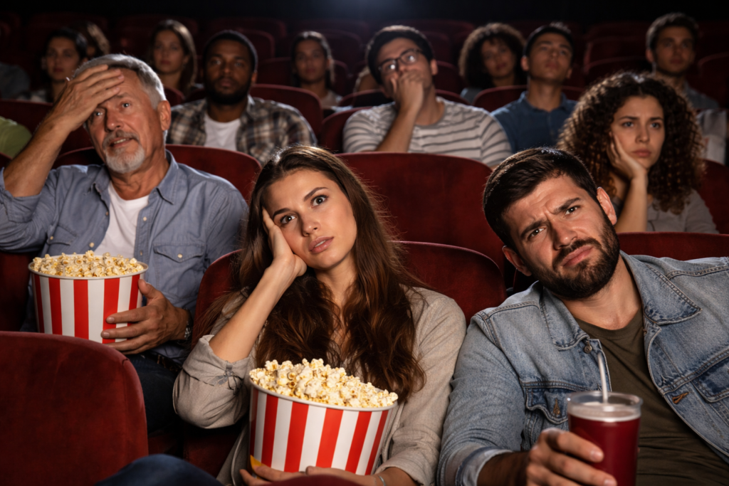 Espectadores en una sala de cine con expresiones de aburrimiento y decepción durante la proyección de una película