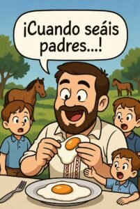 Padre menorquín disfrutando huevos fritos con frase cuando seas padre comerás huevos en Menorca