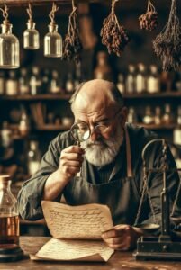 Farmacéutico con lupa descifrando receta mala letra - por qué los médicos escriben mal las recetas