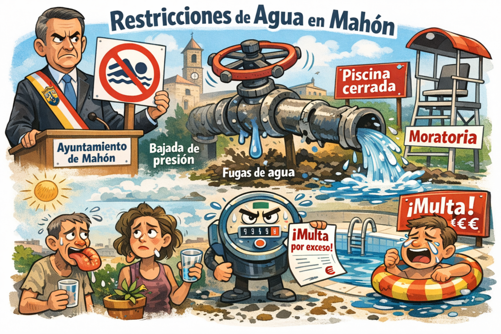 Día Mundial del Agua 2026 en Mahón: moratoria piscinas, bajada presión y multas al ciudadano mientras la red pierde 14-20% del agua potable por fugas. Crítica dura a la incoherencia del Ayuntamiento. Para vecinos de Menorca.