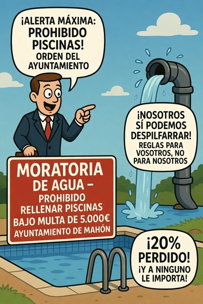 Día Mundial del Agua 2026 en Mahón: moratoria piscinas, bajada presión y multas al ciudadano mientras la red pierde 14-20% del agua potable por fugas. Crítica dura a la incoherencia del Ayuntamiento. Para vecinos de Menorca.