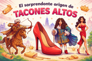 Origen de los tacones altos ilustrado con soldado persa, Luis XIV y moda femenina actual