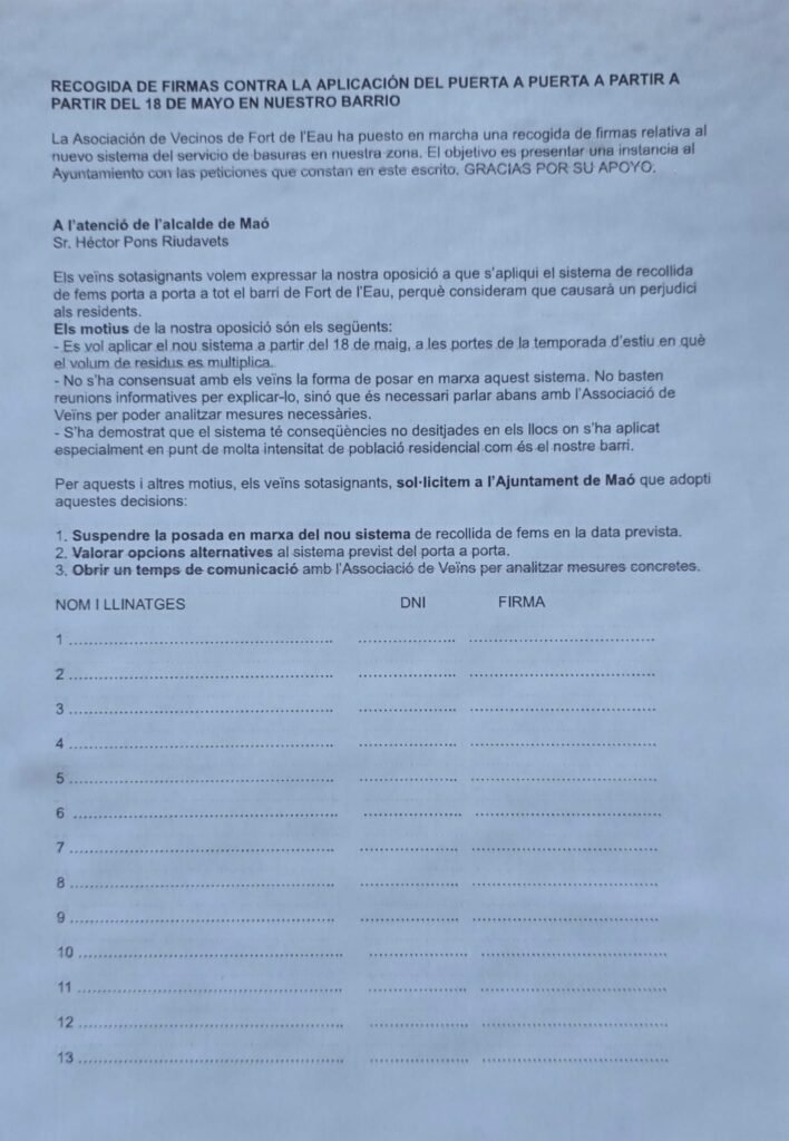 La recogida puerta a puerta en Mahón genera rechazo vecinal. Residentes de Fort de l’Eau inician una recogida de firmas contra el nuevo sistema de residuos.