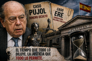 Imagen simbólica de justicia en España con referencia a los casos Pujol y ERE y el paso del tiempo en los procesos judiciales
