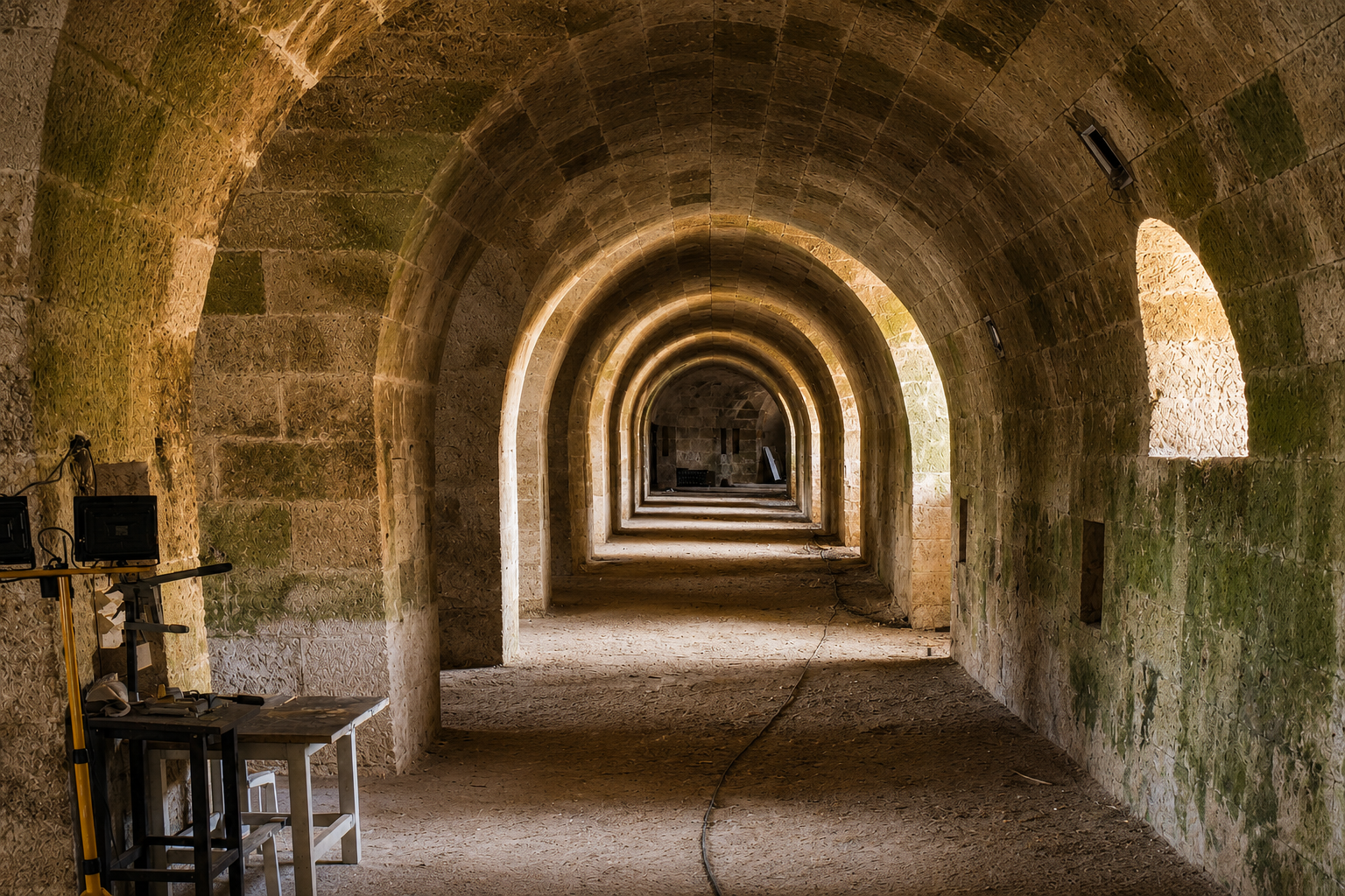 ería abovedada de piedra en perspectiva infinita dentro del fuerte durante los trabajos de restauración.