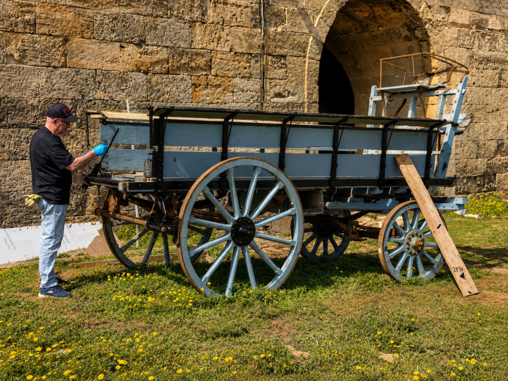 Carro restaurado frente a un muro de piedra exterior del fuerte mientras continúan los últimos ajustes.