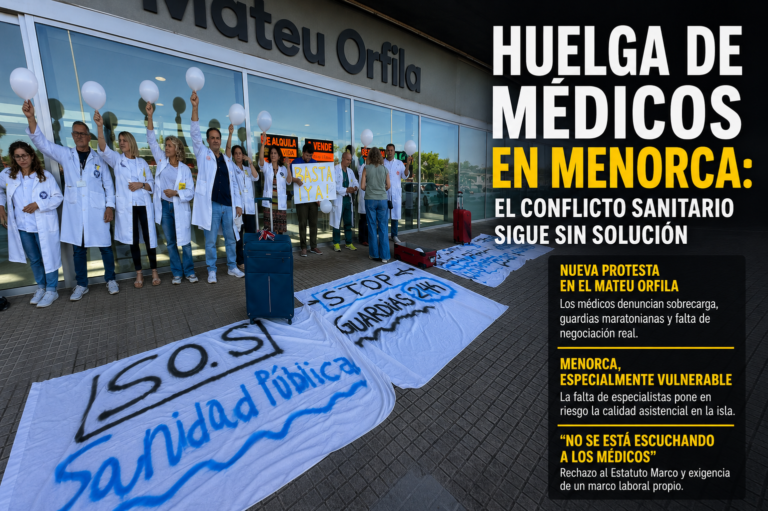 La huelga de médicos en Menorca continúa sin acuerdo. Nueva protesta en el Hospital Mateu Orfila por el Estatuto Marco y las condiciones sanitarias.