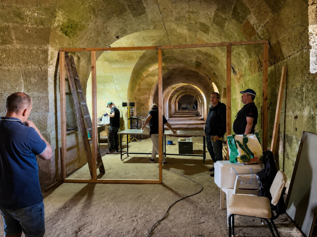 Gran bastidor de madera levantado frente a la galería del fuerte mientras continúa el trabajo de restauración.