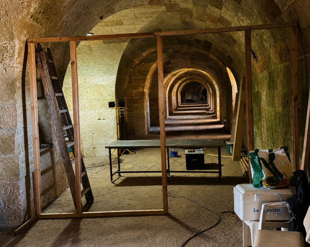 Estructura de madera enmarcando visualmente la perspectiva de la galería del fuerte.