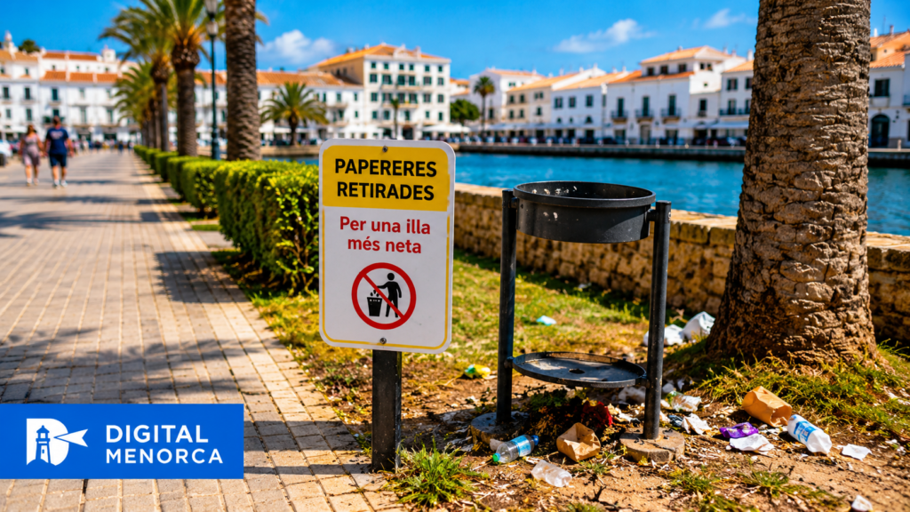 papeleras en Menorca retiradas en paseo marítimo con residuos en el suelo