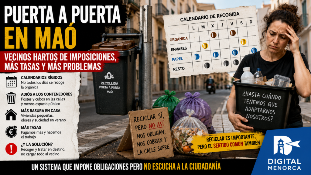 Vecina preocupada junto a cubos de basura del sistema puerta a puerta en Maó con críticas vecinales por las tasas, horarios y molestias del nuevo modelo de recogida.