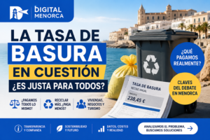 Contenedor de reciclaje y recibo de la tasa de basura en Menorca junto al mar con diseño informativo de Digital Menorca sobre el debate de residuos y reciclaje.
