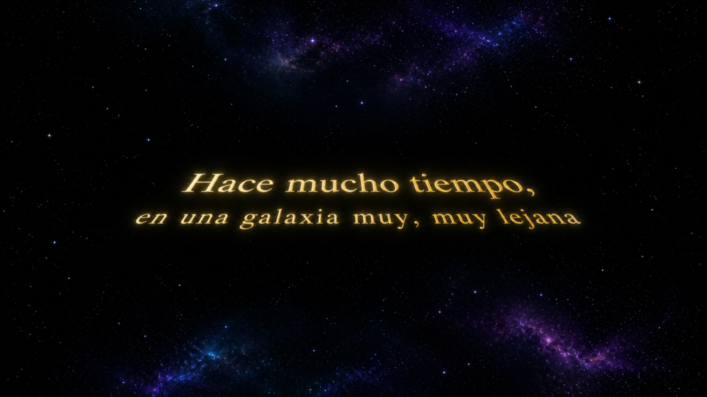 Banner horizontal cinematográfico con fondo espacial negro, nebulosa azul-violeta sutil y texto dorado en perspectiva: “Hace mucho tiempo, en una galaxia muy, muy lejana”.