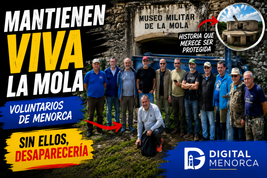 Voluntarios de Menorca frente al Museo Militar de La Mola trabajando para preservar el patrimonio histórico