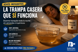 Trampa casera contra los mosquitos con vinagre de manzana en una mesita de noche mientras una mujer duerme tranquilamente.