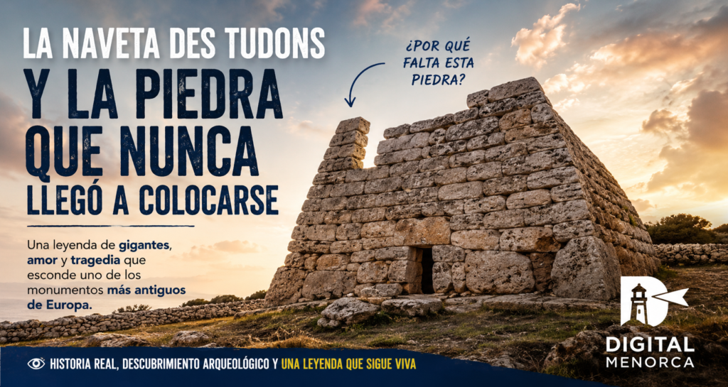 Imagen de la Naveta des Tudons en Menorca destacando la piedra que falta en su fachada y la leyenda que rodea este monumento prehistórico, con el logotipo de Digital Menorca.