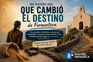 Ilustración histórica del renacimiento de Formentera con la iglesia de Sant Francesc Xavier, un mapa antiguo, trigo, cadenas y la figura de Marc Ferrer frente al mar Mediterráneo.