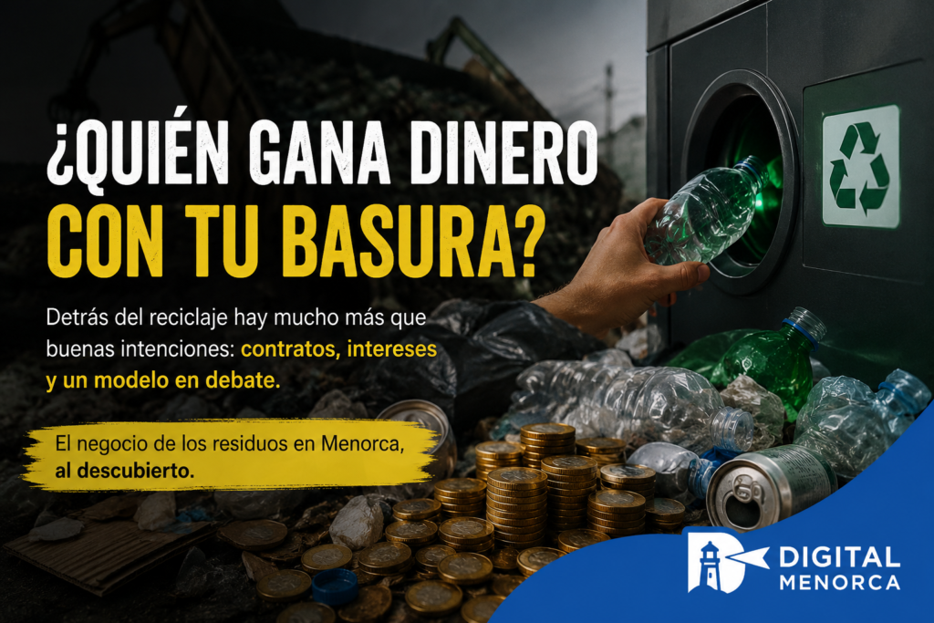 Montaje editorial sobre el negocio de los residuos en Menorca, con una máquina de devolución de envases, botellas de plástico, monedas y basura acumulada. El diseño plantea la pregunta sobre quién obtiene beneficios económicos del reciclaje y la gestión de residuos.