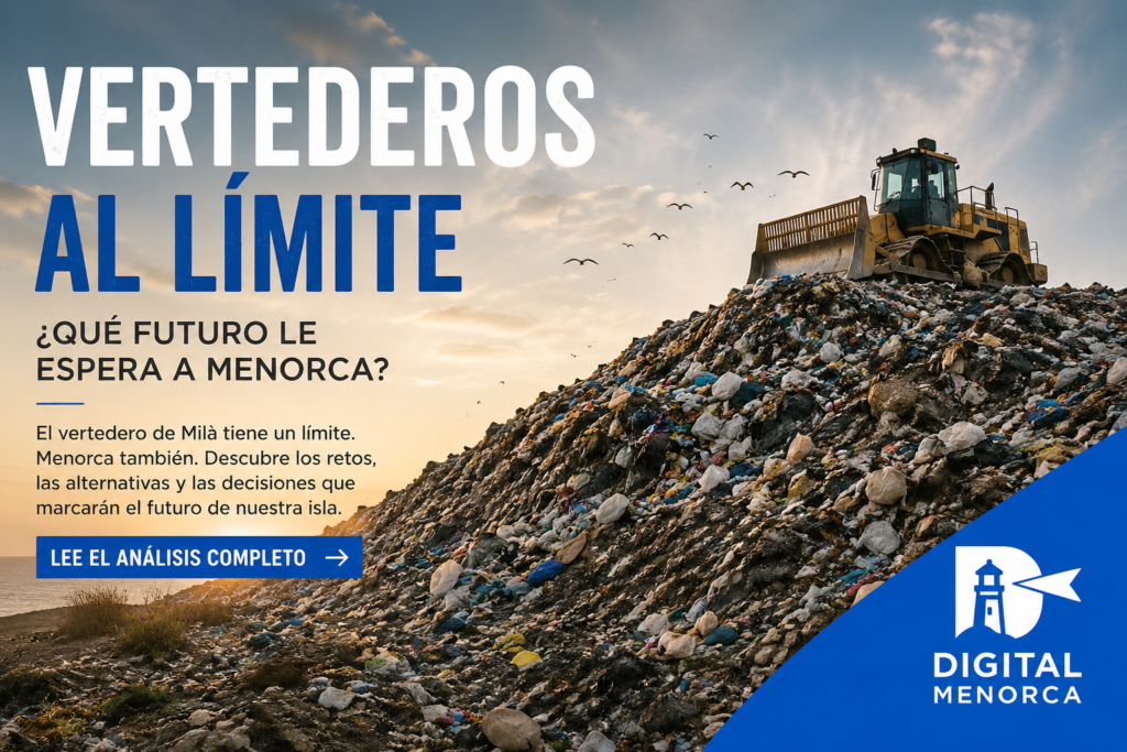Vertedero de residuos con maquinaria trabajando sobre una montaña de basura bajo un cielo al amanecer, ilustrando el futuro de los vertederos en Menorca.