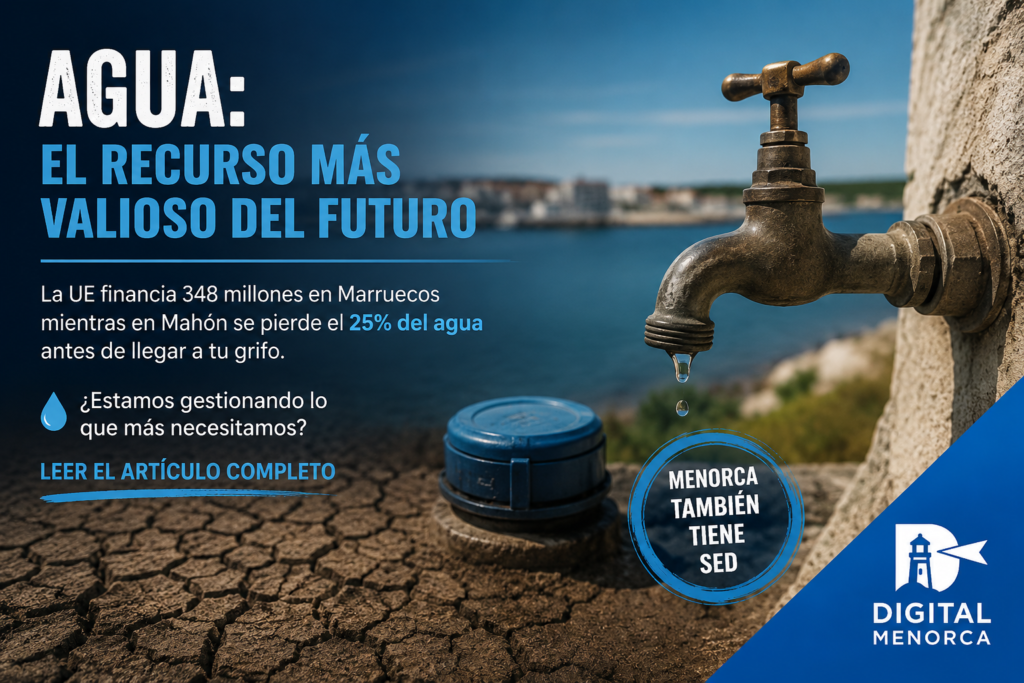 Grifo perdiendo agua sobre un suelo seco y agrietado frente al mar de Menorca, ilustrando la escasez de agua en Mahón mientras la Unión Europea financia infraestructuras hídricas en Marruecos.