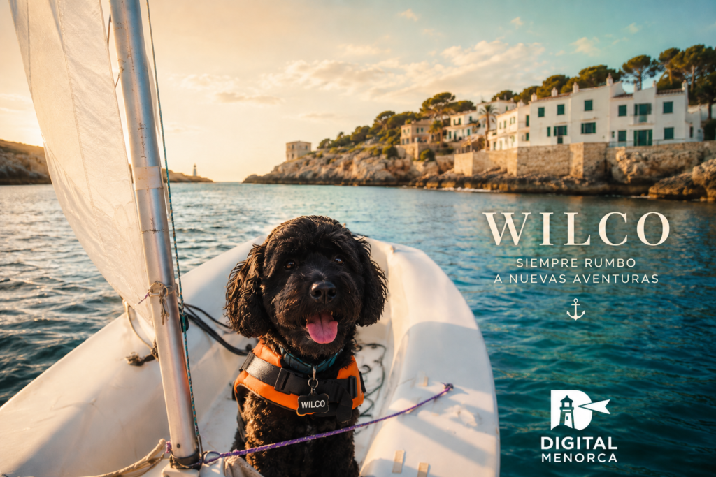 Wilco navegando en una pequeña embarcación de vela frente a la costa de Menorca durante el atardecer, con el mar en calma y el logo de Digital Menorca.