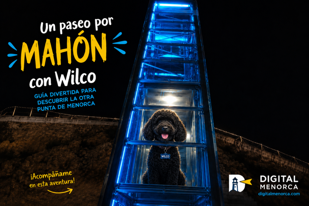 Wilco, un perro explorador, posa en el interior de la estructura iluminada del ascensor panorámico del puerto de Mahón durante un recorrido nocturno por Menorca.