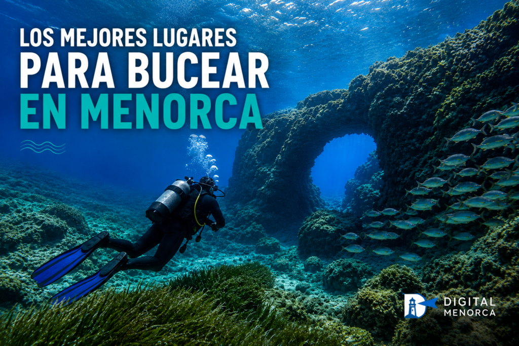 Buceador explorando un arco submarino rodeado de peces en una de las mejores zonas de buceo de Menorca.
