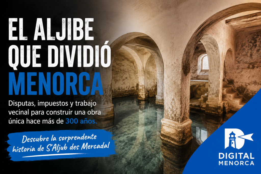 Interior de S'Aljub des Mercadal, el histórico aljibe de Menorca construido en el siglo XVIII, con su arquitectura subterránea y un titular sobre la polémica de su construcción.