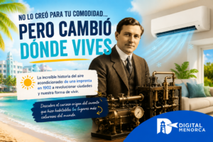 Willis Carrier junto a su primer sistema de aire acondicionado, con una playa y un moderno equipo de climatización, ilustrando el origen del aire acondicionado y su impacto en la vida moderna.