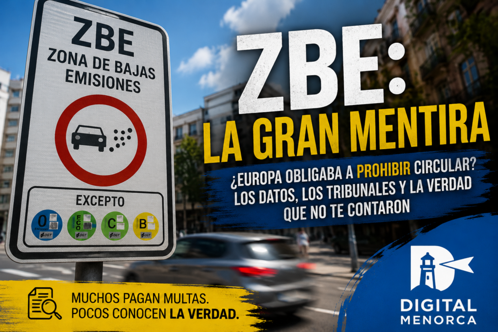 Señal de Zona de Bajas Emisiones (ZBE) en una ciudad con el titular "ZBE: La gran mentira" y el logotipo de Digital Menorca, ilustrando el debate sobre las restricciones al tráfico y su impacto en los ciudadanos.