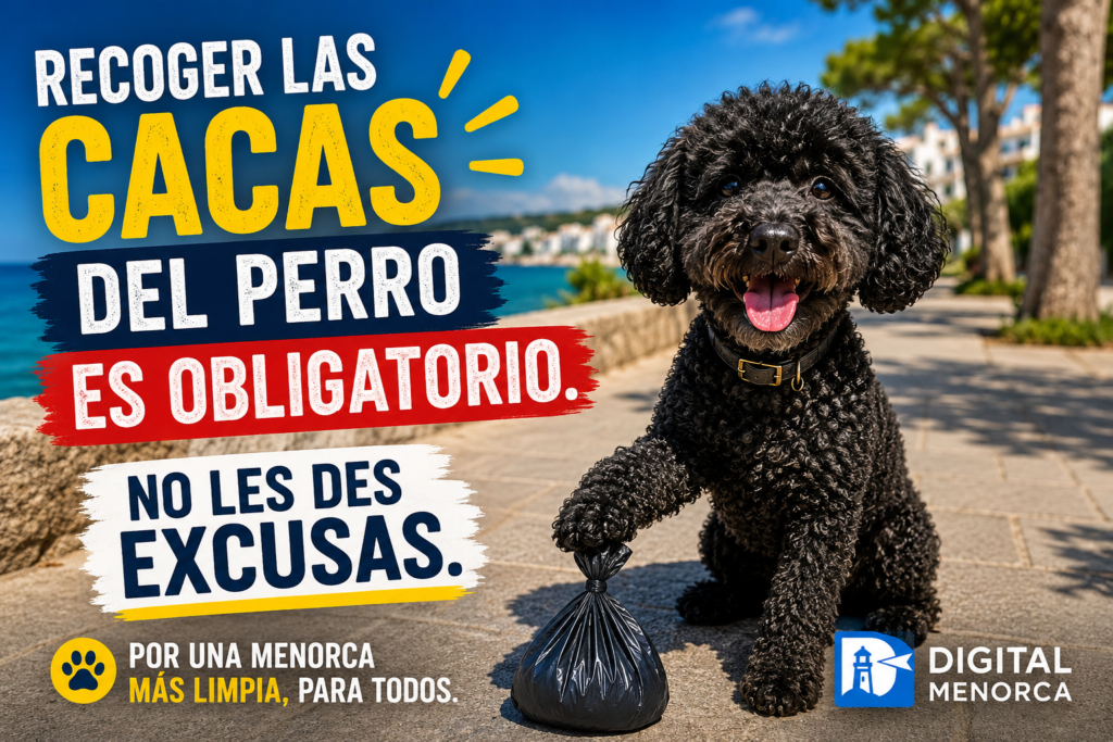 Perro sosteniendo una bolsa con excrementos en un paseo marítimo de Menorca junto al mensaje sobre la obligación de recoger las cacas de las mascotas.