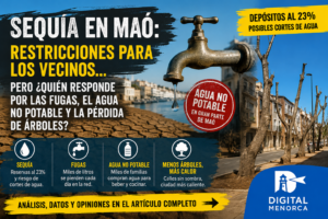 Maó endurece las restricciones por sequía mientras persisten el agua no potable, las fugas de la red y la pérdida de arbolado urbano. Análisis de la gestión municipal.