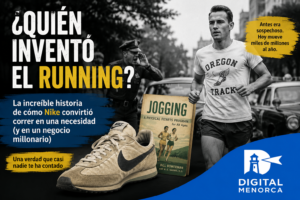 Ilustración sobre el origen del running con un corredor, una zapatilla Nike clásica y el libro Jogging, explicando cómo una estrategia de marketing impulsó el auge mundial de correr.