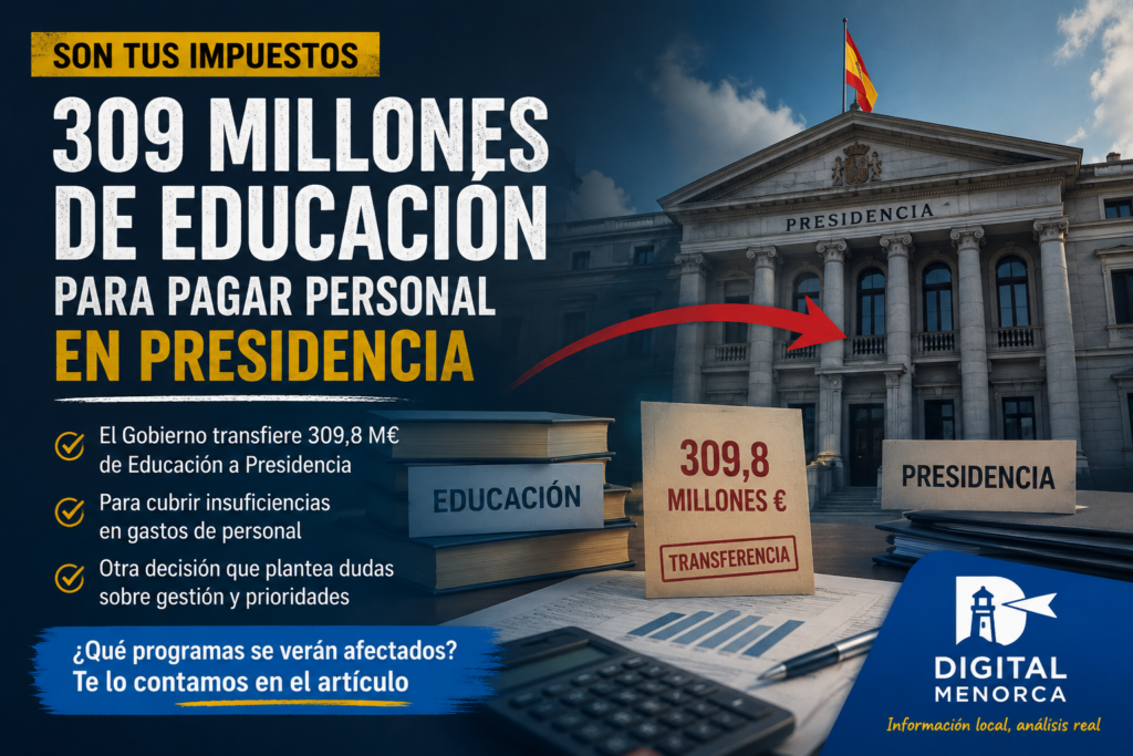 El Gobierno mueve 309 millones de Educación para cubrir gastos de personal en Presidencia. Analizamos qué implica para los contribuyentes y Menorca.