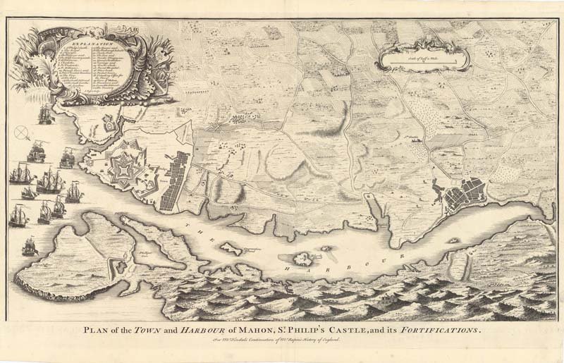 Mapa histórico del puerto de Mahón y Castillo de San Felipe en 1744