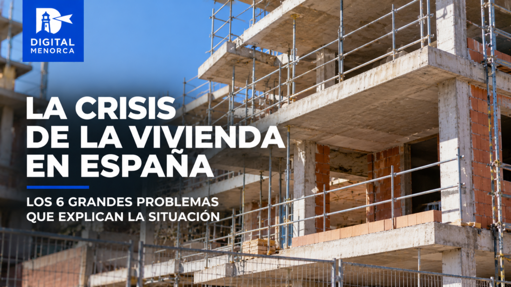 Edificio de viviendas en construcción con andamios y estructura de hormigón, portada sobre las seis causas de la crisis de la vivienda en España.